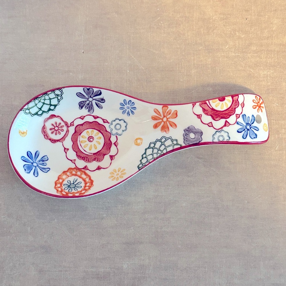 VTG Pier 1 Zinnia Pattern Spoon Rest Hand Painted Stoneware Wall Hanging